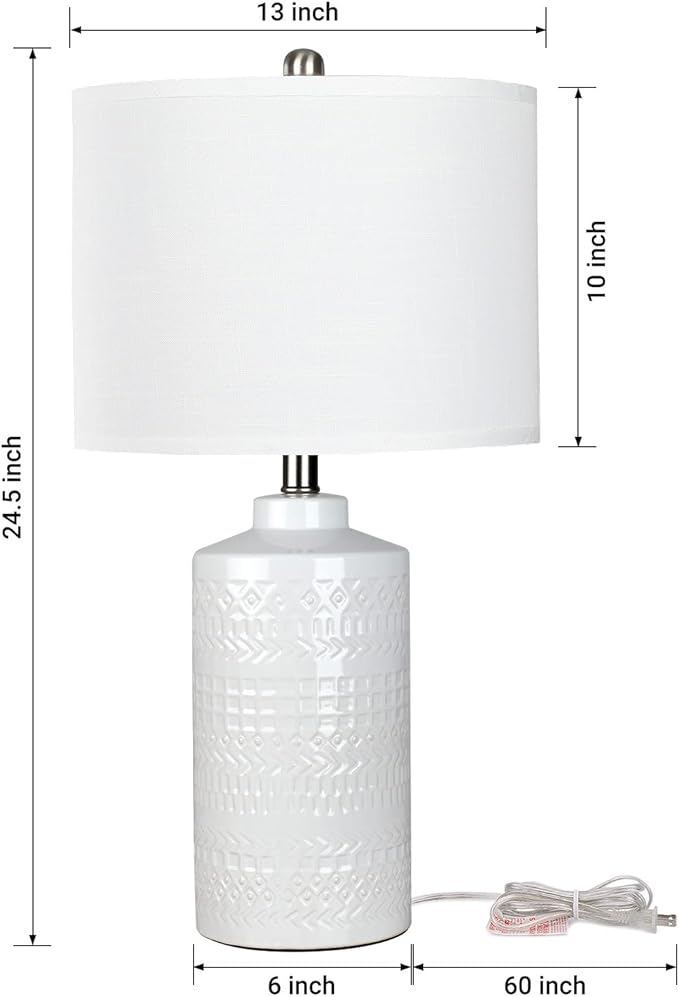 JUNNAI 24.5" White Ceramic Table Lamp 3-Way Dimmable Nightstand with White Linen Shade Bedside Lamp for Bedrooms & Living Room Office Reading(Bulb Included)