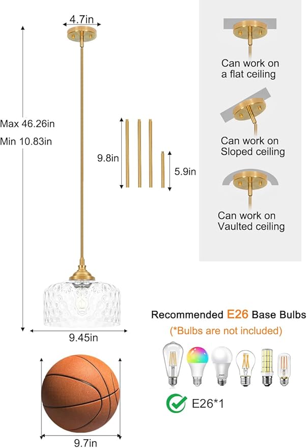 Modern Pendant Lights Kitchen Island, Brushed Gold Pendant Light Fixtures with 9.45" Clear Hammered Glass Shade, Industrial Hanging Pendant Lights for Kitchen Island Dining Room Bedroom Entryway