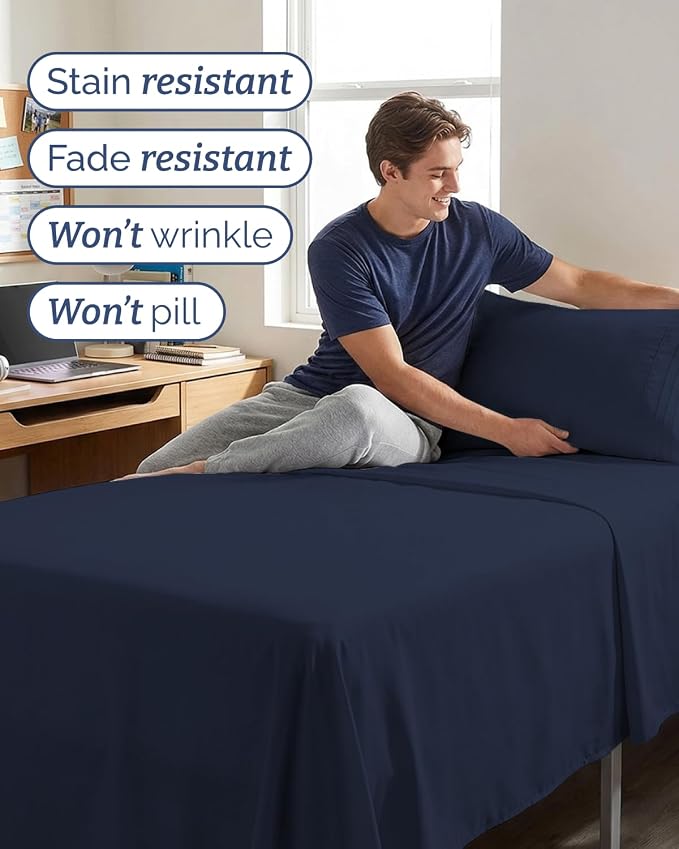 Twin XL 4 Piece Sheet Set - Comfy Breathable & Cooling - Ultra-Soft Hotel Luxury Bedding Set w/ 8-16 Inch Deep Pockets - 1 Flat & 1 Fitted Sheet & 2 Pillowcases - Wrinkle Free & Easy Care - Navy Blue