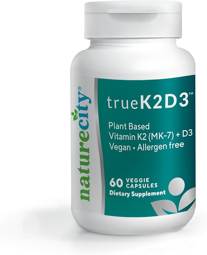 NatureCity TrueK2D3 Vitamine K2 MK7 d'origine végétale (90 mcg) et D3 issue d'algues (2 500 UI) 2 en 1 - Complément de Vitamine D3 K2 pour la santé des os, du cœur et du système immunitaire – 60 Gélules Végétales