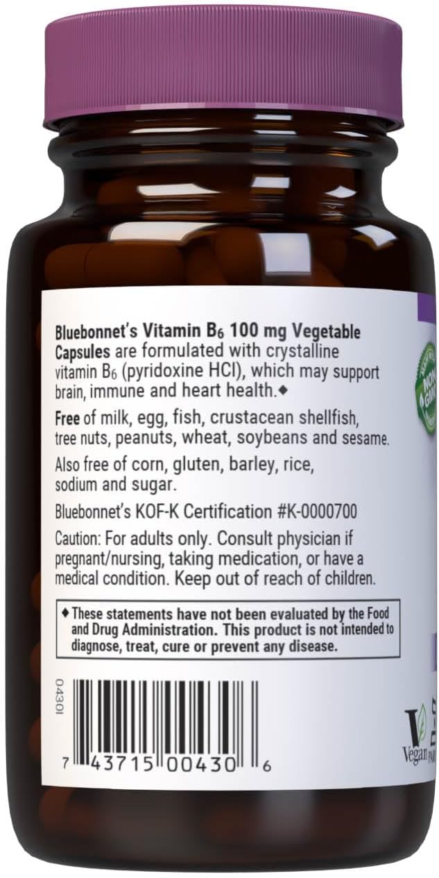 Bluebonnet Nutrition Vitamin B6 Vegetable Capsules, 100 mg, for Cardiovascular and Nervous System Health, 90 Count
