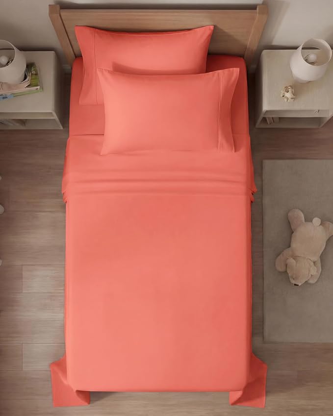 Twin 4 Piece Sheet Set - Comfy Breathable & Cooling - Ultra Soft Hotel Luxury Bedding Set with 8-16 Inch Deep Pockets - 1 Flat & 1 Fitted Sheet & 2 Pillowcases - Cozy, Wrinkle Free & Easy Care - Coral