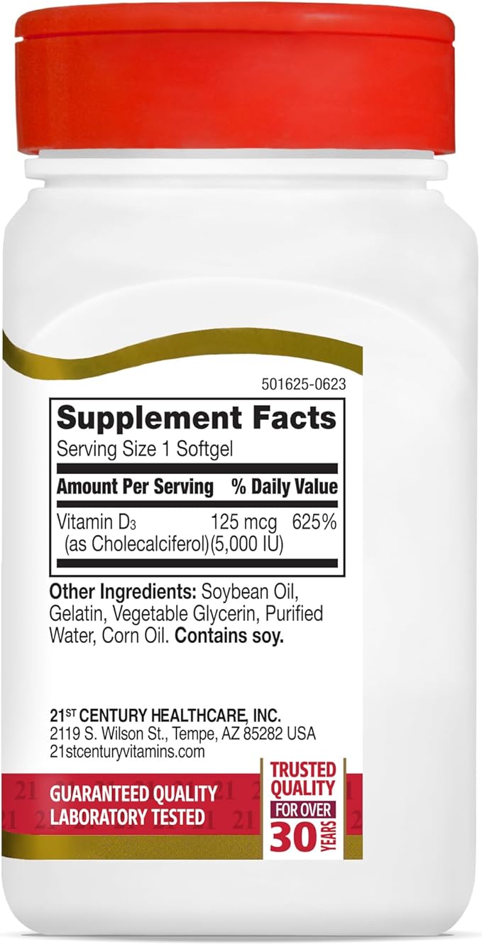 21st Century Healthcare Vitamine D3 125 µg (5 000 UI) Gélules à libération rapide, 110 unités