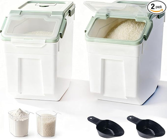 RUIAN Large Airtight Storage Container, 25lb Flour Rice Storage Containers Bin with Wheels Seal Locking Lid, with Measuring Cup&Scoop for Flour, Rice, Grain (Green, 2PCS)