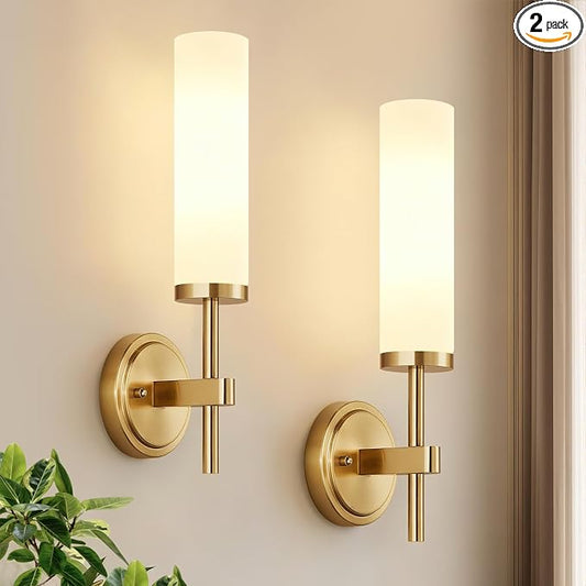 [Hardwired] Wall Sconces Set of Two, Brushed Gold Bathroom Sconces with Milky White Glass, Modern Wall Light Fixtures for Bathroom Mirror Vanity, Living Room, Hallway, Stairway, Cabinet, Foyer