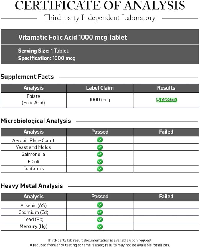 Vitamatic Folic Acid 1000 mcg (1 mg) – 240 Vegetarian Tablets (Pack of 2) 1667 mcg DFE – Vitamin B9 for Prenatal, Heart & Cellular Health