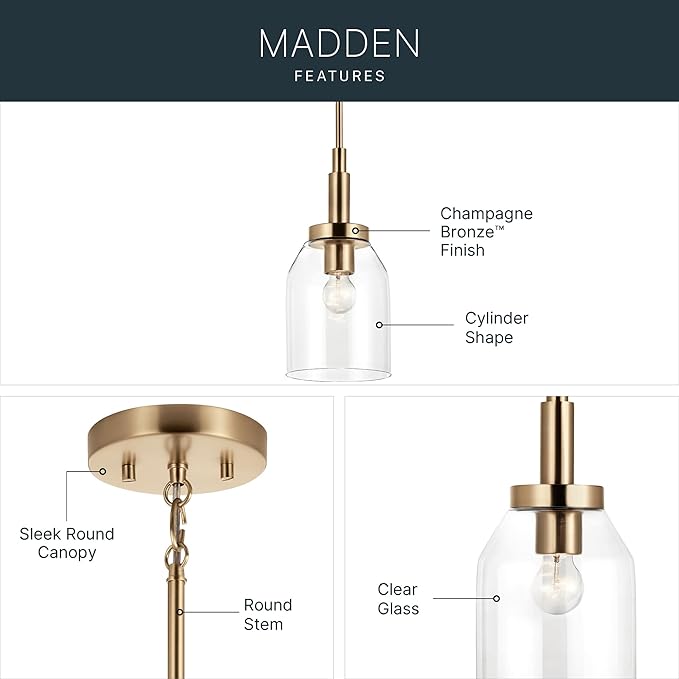 Kichler Madden 1-Light Mini Pendant Light Fixture with Clear Glass Shade in Champagne Bronze, Sloped Ceiling Compatible for Kitchen Island Hanging Lighting (15" x 7 "), 52725CPZ