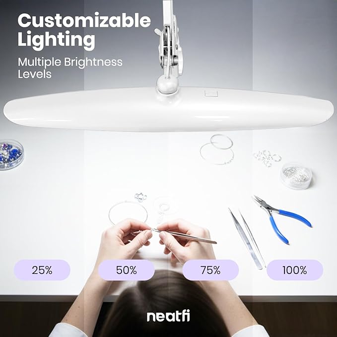 Neatfi XL 2200 Lumens 24W LED Desk Lamp – Shadow-Free Task Lighting | 4-Level Dimming | Home Office & Crafts Use | 20-Inch Wide Head (White, Non-CCT with Clamp)
