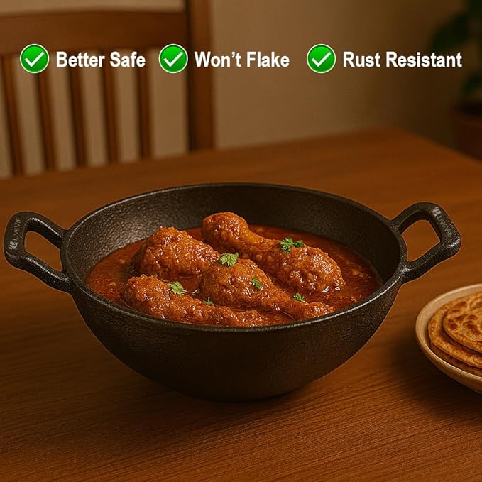 LIVEVIE Cast Iron Deep Kadai Wok with Dual Handles, Heavy-Duty Cooking Pot for Deep Frying, Stir-Frying, Curries – Gas, Grill & Open Flame Compatible, 10 Inch