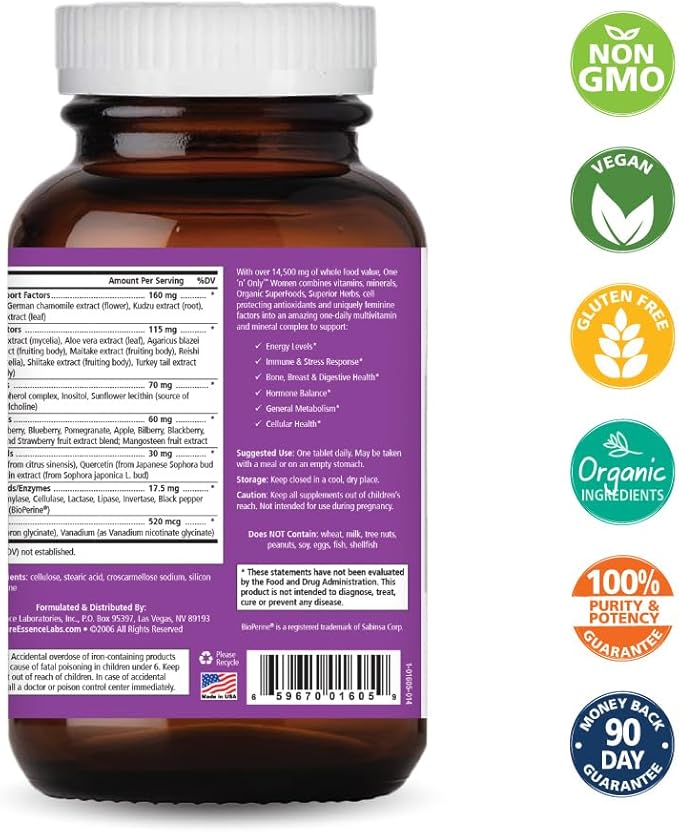 PURE ESSENCE LABS Multivitamine pour femmes One N Only, complément à base de plantes naturel à prendre une fois par jour avec vitamine D3, B12 et biotine, avec des aliments complets, 90 comprimés