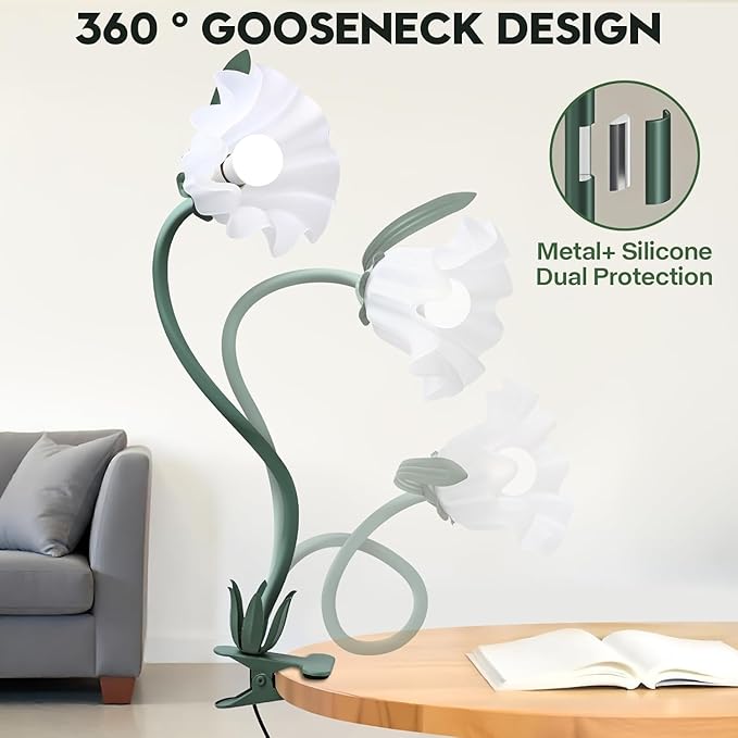 Clip On Light and Flower Desk Lamp, Flexible Gooseneck Reading Book Light with 3 Color Modes Cute Table Lamp Decor, Clip on Bedside Lamp for Bed Headboard,Table, Nursery,Dorm (Green-02)