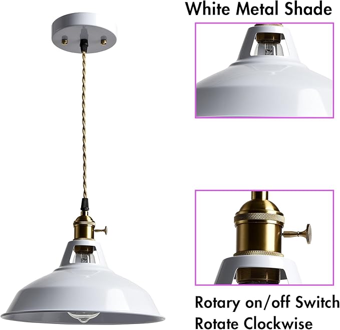 CLAXY Industrial Pendant Lights White Metal Barn Shade Hanging Ceiling Light Fixture with Switch E26 Kitchen Pendant Lighting for Loft, Bar, Foyer, Dining