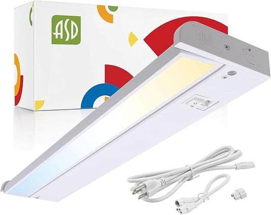 ASD Swivel LED Under Cabinet Lighting Plug in or Hardwired 18 Inch, Dimmable Under Cabinet Lights with High/Low/Off Switch, 3CCT 2700K-4000K, Linkable Under Counter Lights for Kitchen, White, ETL
