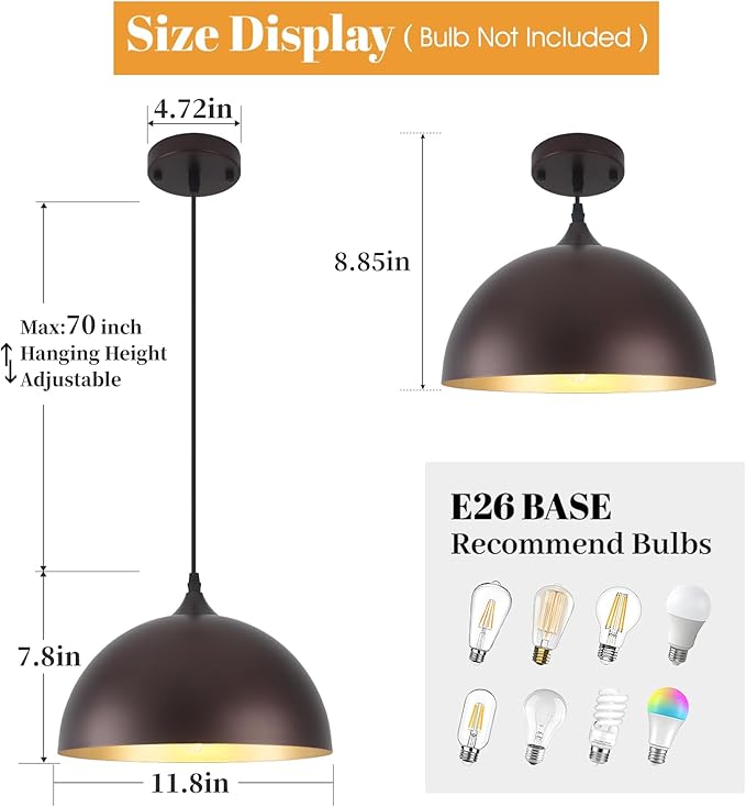 Farmhouse Pendant Light 12 Inch, Modern Pendant Lights Kitchen Island, Adjustable Height Dome Pendant Lights Fixtures for Dining Room Barn,Oil Rubbed Bronze Finish, 3 Pack
