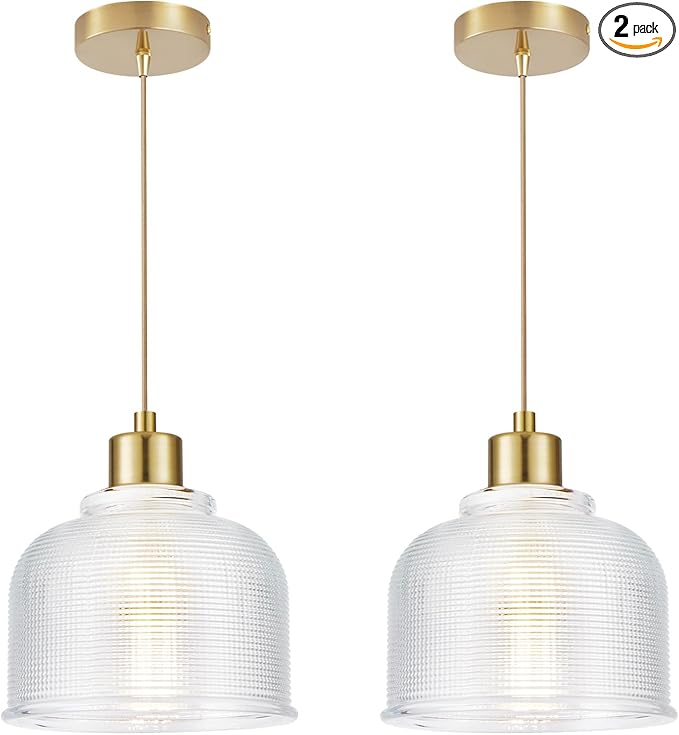 WimiSom 2Pack Industrial Pendant Lighting, Modern Clear Glass Shade Farmhouse Adjustable Hanging Light Fixtures for Kitchen Island Living Room Bedroom Hallway Gold and Clear