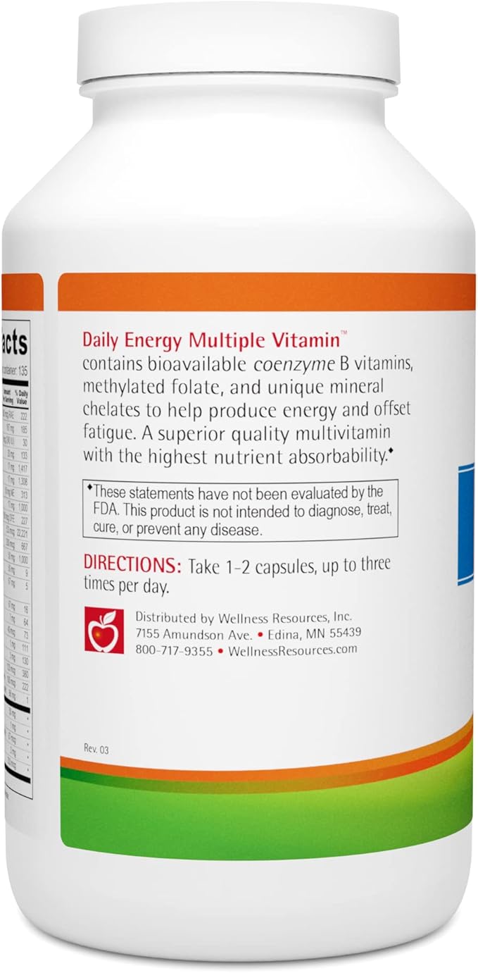 Wellness Resources Daily Energy Multiple Vitamin - 270 Capsules - Multivitamine MTHFR journalière méthylée sans fer - Vitamine B12, acide folique et vitamines B biodisponibles - Meilleur complément pour l'énergie et l'humeur