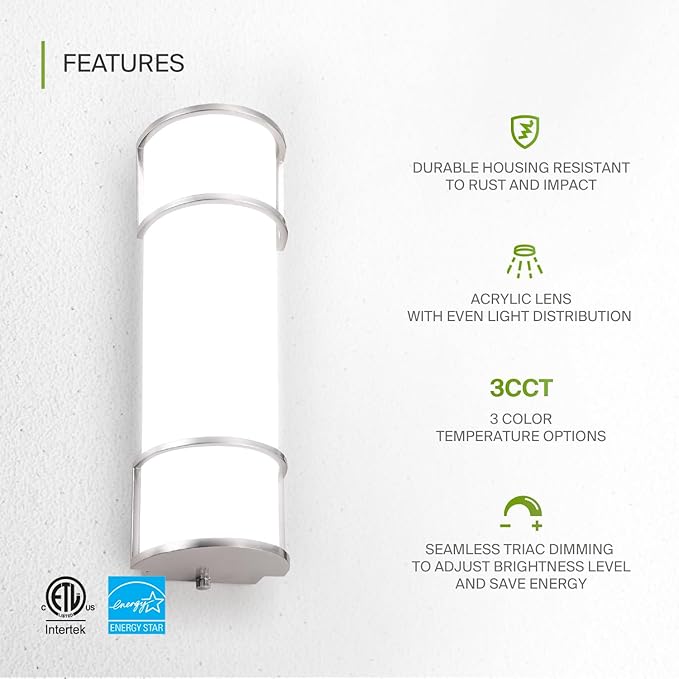 ASD LED 18" Vanity Flush Mount Light Fixture, Linear Bathroom Lighting Bar | 3CCT, Dimmable, Energy Star, ETL Listed | 20W 1650LM 3000-5000K 120V | Long Tube Bath Wall Sconce Over Mirror | Nickel