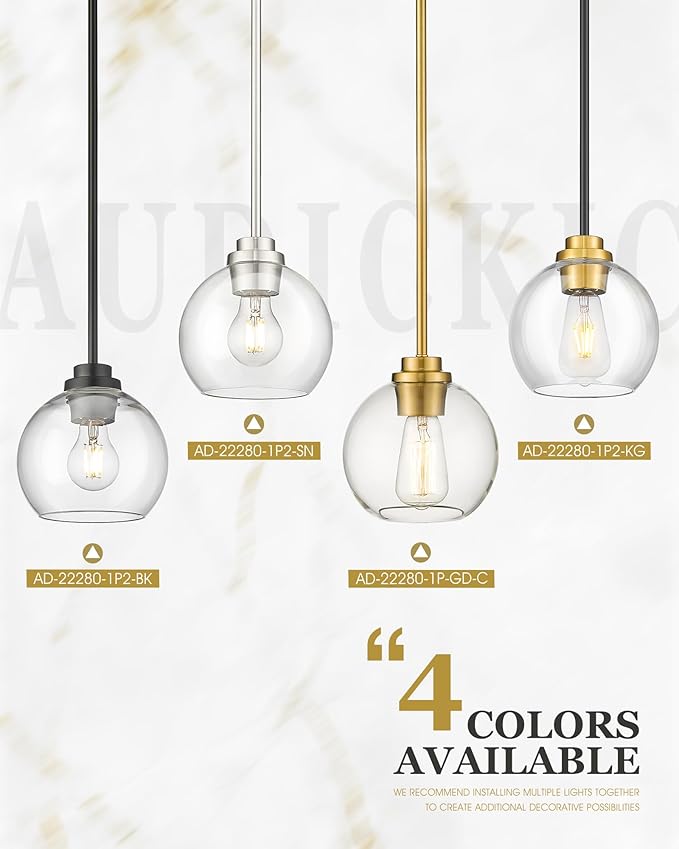 Pendant Lights Kitchen Island, 7" Black and Gold Hanging Lights Fixtures with Clear Glass Globe Shade, Modern Kitchen Island Lighting for Bathroom, AD-22280-1P-KG