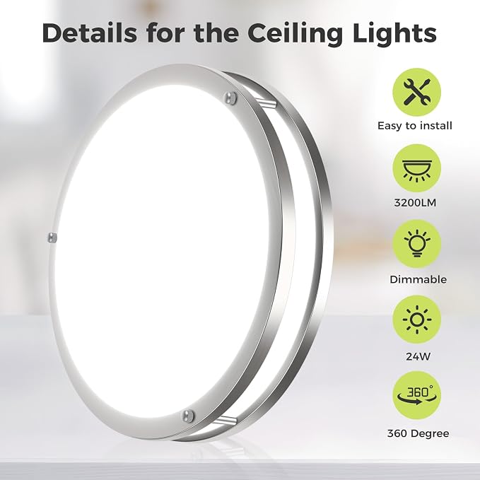 hepside 13inch Ceiling Lights, Dimmable Flush Mount LED Ceiling Light Fixture, 3000K 3500K 4000K 5000K 6500K 24W Adjustable Ceiling Lamps for Bathroom Bedroom Hallway