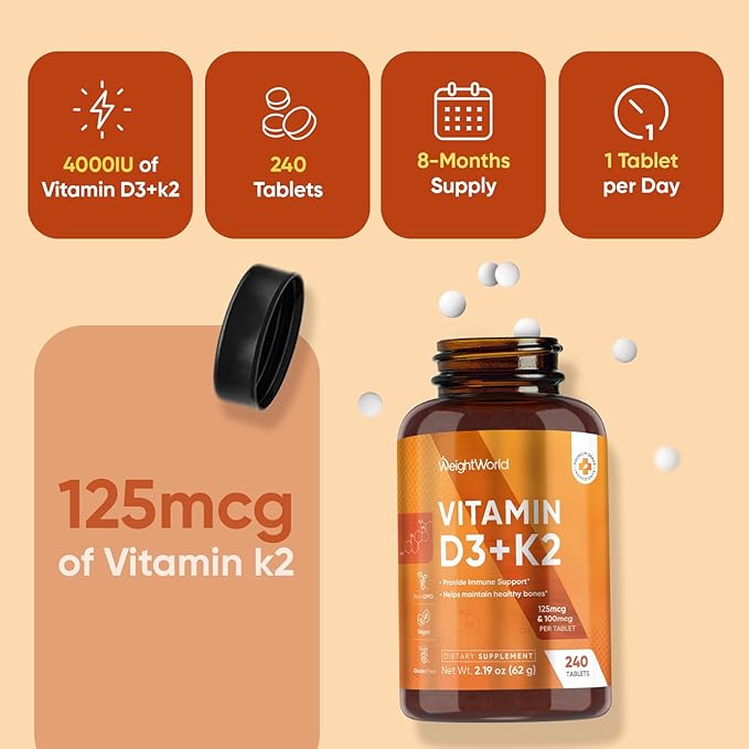 WeightWorld D3 Vitamin 4000 IU + K2 125mcg | Vitamin D3 K2 for Healthy Bones & Immune Support (8-Month Supply) | 240 Vegan D3K2 Tablets | Plant-Based VIT D3 & K2 (MK-7) | Gluten-Free, Non-GMO