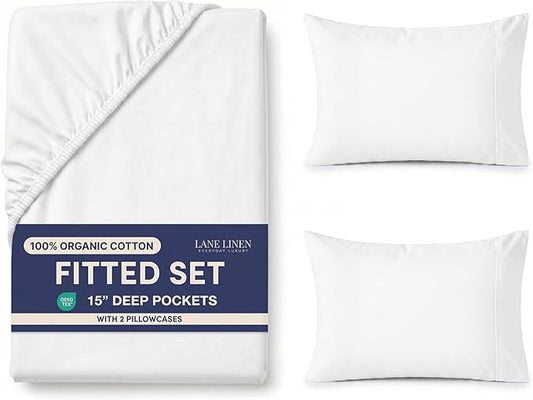 LANE LINEN Fitted Sheet King Size, 100% Organic Cotton, 3-Piece Set (1 Fitted Sheet,2 Pillowcases), Percale Weave, Ultra Soft, Breathable,Fits Mattress Upto 15" Deep - White (No Flat Sheet)