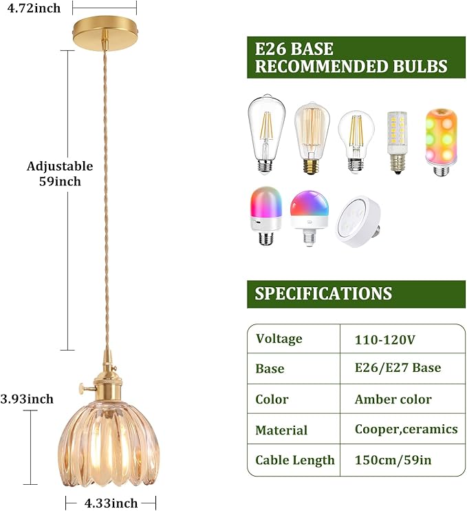 Shenmoyl Pendant Light 2 Pack with Amber Tulip Glass Lmapshade, Brass Vintage Pendant Light Adjustable Hanging Light for Kitchen Island Dining Room Hallway