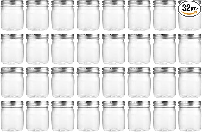 novelinks 8 oz Clear Plastic Jars with Airtight Lids, 32 Pack Plastic Mason Jars with Lids 8oz, Refillable Storage Slime Containers & Small Spice Jar for Kitchen Organization (32 Pack,Silver)