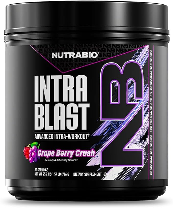 NutraBio Intra Blast Bcaa Powder Amino Acid Supplement, Electrolyte & Hydration Blend, Intra, Pre Workout & Muscle Recovery, 20g Eaa Amino Acids Powder, 5g Glutamine- Grape Berry Crush, 30 Serving