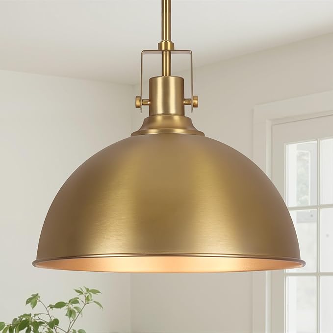 LamQee 13 Inch Brushed Gold Metal Pendant Light Kitchen Island, Farmhouse Modern Dome Pendant Light Fixtures Ceiling Hanging Lighting Chandelier for Dining Room Over Table, Bar, Hallway, Entryway