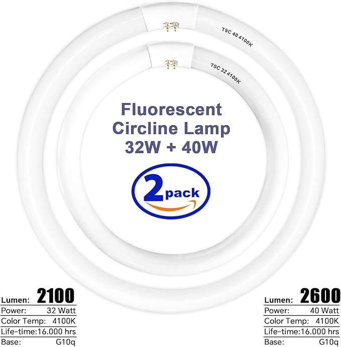 Celiwace FC16T9/CW 40 Watt and FC12T9/CW 32W Set Cool White, 16'' T9 40 Watt Circline Light Bulbs, 12 inch 32W Circular Fluorescent Tube, Round Fluorescent Bulb CRI 82, 4100K, 5300 Lumen G10q