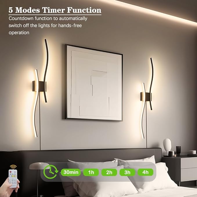 Daunton Modern Black Plug in Wall Sconces Set of 2 - Smart Dimmable LED Wall Lights with Remote, 3CCT Adjustable & Memory Function, Timer Setting - No Wiring Needed for Living Room, Bedroom, Hallway