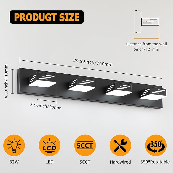 Joosenhouse Modern LED Vanity Light for Bathroom, 5CCT Dimmable Vanity Lights, 4-Light Makeup Light Fixture, 29.92-Inch, 32W Black