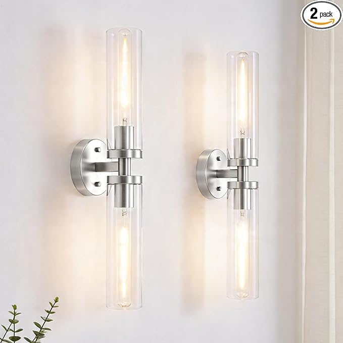 Wall Sconces 2-Pack, Hardwired Bathroom Light Fixtures, Modern Farmhouse Vanity Wall Lighting with Clear Glass Shades, E26 Base Wall Sconce Wall Lights for Bathroom Wall Decor, Brushed Nickel