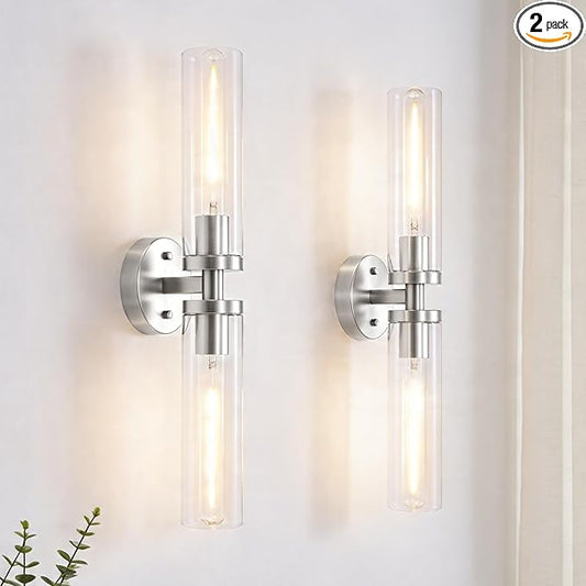 Wall Sconces 2-Pack, Hardwired Bathroom Light Fixtures, Modern Farmhouse Vanity Wall Lighting with Clear Glass Shades, E26 Base Wall Sconce Wall Lights for Bathroom Wall Decor, Brushed Nickel