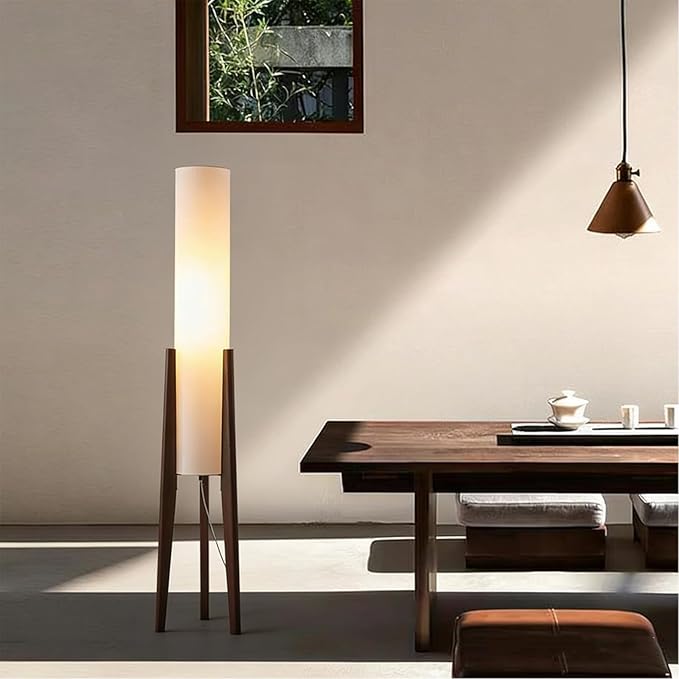 MIXL-Walnut Wood Finish Tripod Floor Lamp,Cylinder Shade Tall Standing Lamp,Rustic Living Room Floor Lamp,Mid Century Modern Standing Light for Bedroom Office