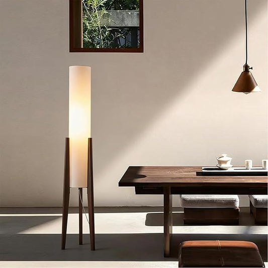 MIXL-Walnut Wood Finish Tripod Floor Lamp,Cylinder Shade Tall Standing Lamp,Rustic Living Room Floor Lamp,Mid Century Modern Standing Light for Bedroom Office