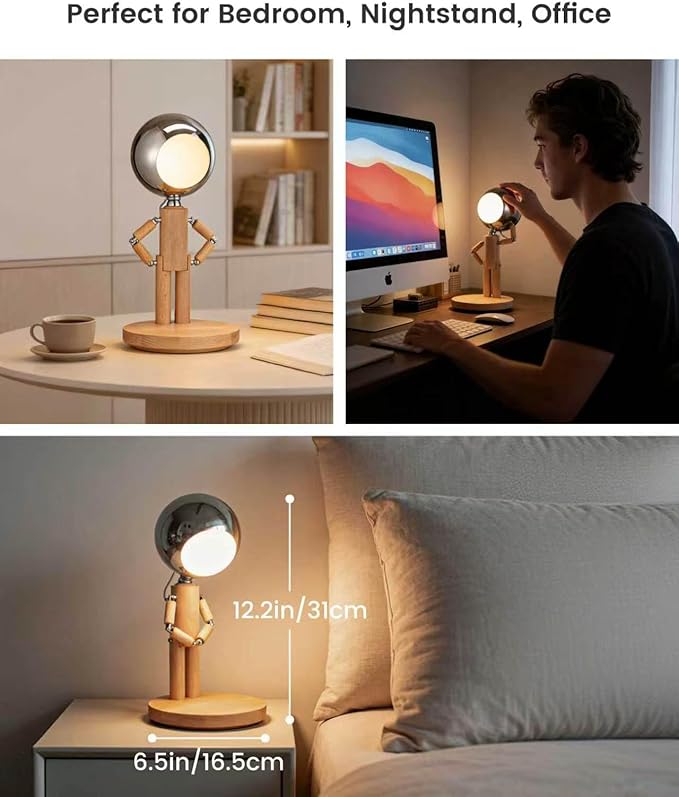 Rechargeable Cordless Desk Lamp, Creative Wooden Table Lamp with 3 Color &Stepless Dimming, Adjustable Pause Moon Lamp, Unique Decorative Desk Lamp for Bedroom, Nightstand, Office & Gift, Beech Wood