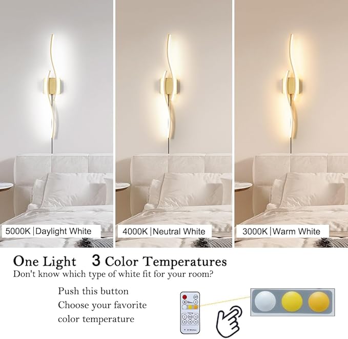Daunton Modern Gold Plug in Wall Sconce Set of 2, Indoor Dimmable Light Fixture with Plug in Cord for Living Room, LED Sconces Lighting with Remote Control, Wall Lighting Decor for Hallway Bedroom
