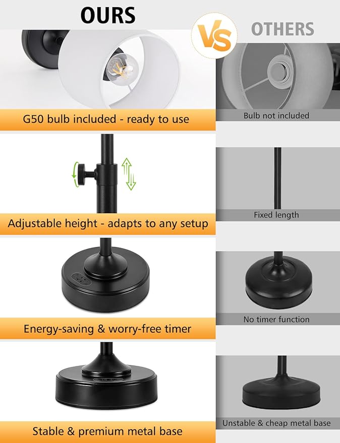 Height Adjustable Cordless Table Lamp Rechargeable with Timer, 3-Way & Stepless Dimmable LED Battery Operated Table Lamp, Wireless Battery Powered Lamp, Black Touch lamps for Nightstand Countertop
