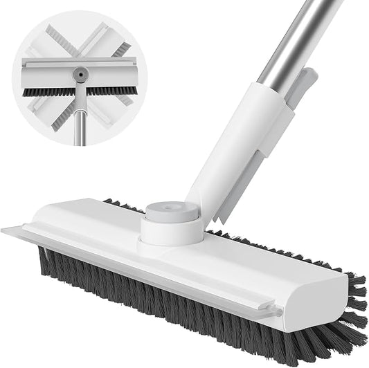 Floor Scrub Brush with Long Handle, 3 in 1 Scrape and Heavy-Duty Stiff Bristle Scrubber Brush Broom for Cleaning Shower Bathroom, Patio, Pool, Garage, Kitchen, Wall and Deck (White, 1 Pack)