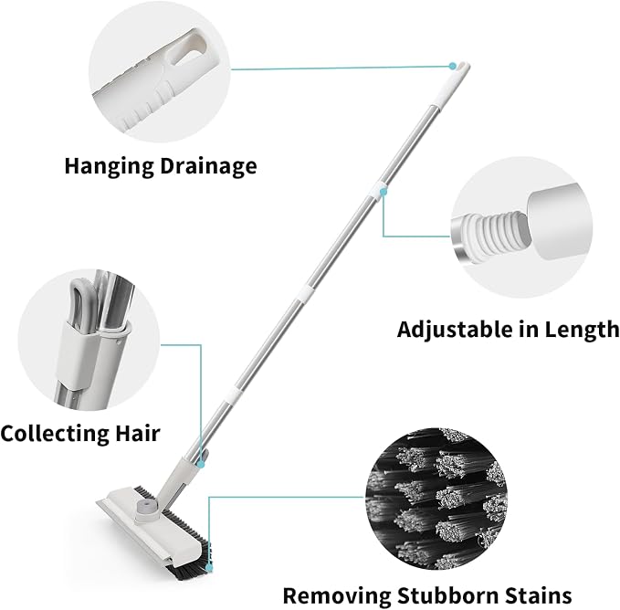 Floor Scrub Brush with Long Handle, 3 in 1 Scrape and Heavy-Duty Stiff Bristle Scrubber Brush Broom for Cleaning Shower Bathroom, Patio, Pool, Garage, Kitchen, Wall and Deck (White, 1 Pack)