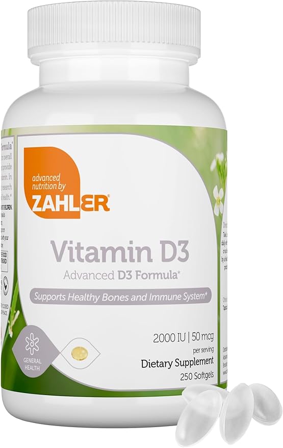 Zahler - Vitamine D3 Avancée 2000 UI Gélules (250 Comprimés) Vitamine D Casher Végétarienne pour le Soutien Immunitaire, la Santé des Os, des Dents et des Muscles - Supplément Quotidien de Vitamine D3 pour Adultes - Facile à Avaler V