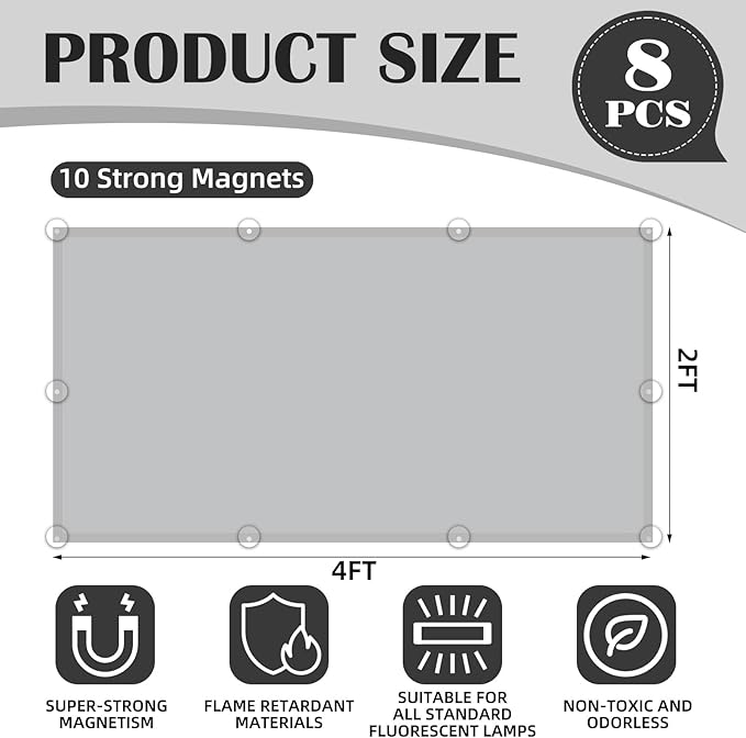 ANGSYLTH 8 Pcs Fluorescent Light Covers - 4 x 2 Feet Covers for Ceiling Lights, 8 x 10 Magnetic Light Filters for Classroom, Office, Hospitals (Light Gray-2)