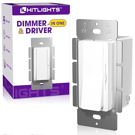 HitLights LED Driver and Dimmer Switch in One 120W, 120V AC to 12V DC, Compatible with Most Solid Color 12V Strip Tape Lights, UL Listed, Single-Pole/3-Way, EZDim Pro, White