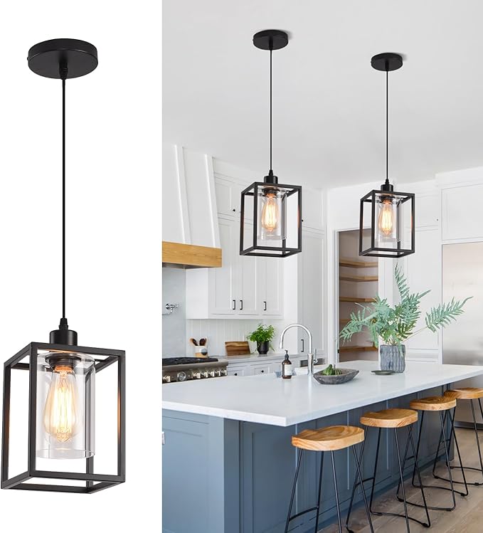Black Pendant Lights for Kitchen Island Industrial Lantern Pendant Light Fixtures with Clear Glass Shade, Farmhouse Adjustable Height Hanging Pendant Lighting