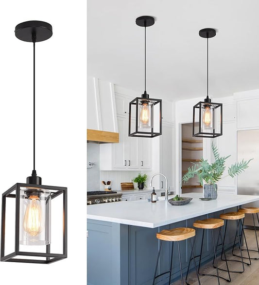 Black Pendant Lights for Kitchen Island Industrial Lantern Pendant Light Fixtures with Clear Glass Shade, Farmhouse Adjustable Height Hanging Pendant Lighting