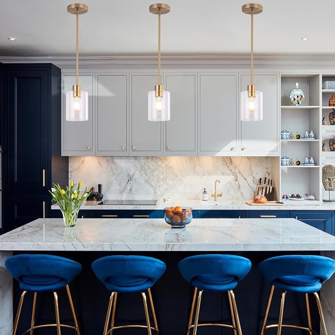 Brass Pendant Light for Kitchen Island 1 Pack, Modern Gold Hanging Light with Adjustable Rod, Farmhouse Brass Pendant Lighting for Dining Room Sink, Brass Rod Ceiling Hanging Light Fixture