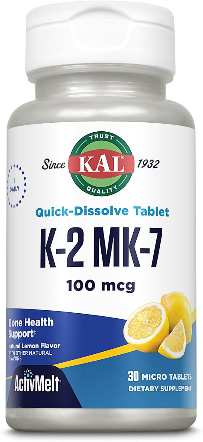KAL K-2 500mcg タブレット - 女性と男性のためのK2ビタミンサプリメント、最適な吸収のための速溶性、天然レモン風味、ベジタリアン - 100マイクロタブレット