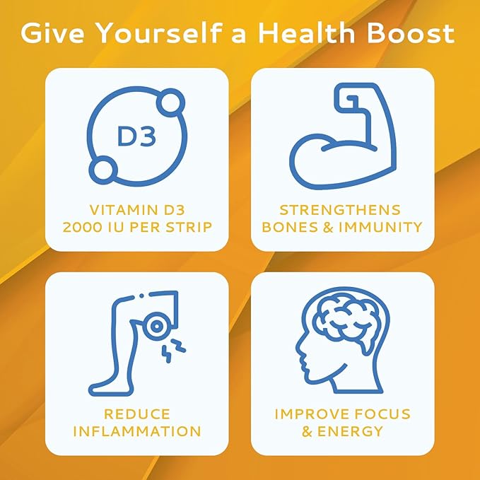 Bandes de vitamine D3 30 unités | Bandes de vitamine D3 orales solubles de 2000 UI | Fondent sur votre langue en 30 secondes | Goût menthe poivrée | Renforce l'immunité et améliore la concentration mentale avec la vitamine D3 2000