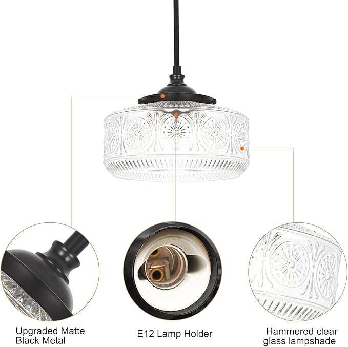 Modern 3 Lights Drum Pendant Light with Etched Glass Shade, Adjustable Height Black Pendant Lights Kitchen Island, Chandelier for Dining Room, Bedroom, Hallway, Bathroom, E12 Base, Bulbs Not Included